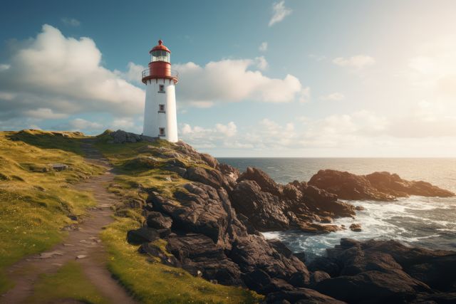 A picturesque lighthouse stands on a rocky cliff overlooking the ocean under a partly cloudy sunny sky. A winding path leads to the lighthouse, surrounded by green grass. Ideal for travel blogs, coastal nature websites, maritime themed campaigns, and peaceful landscape enthusiasts.
