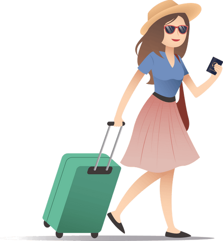Smiling woman traveling with suitcase on transparent background