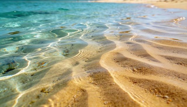 Sunlit ripples on golden sand under crystal clear turquoise shallow water