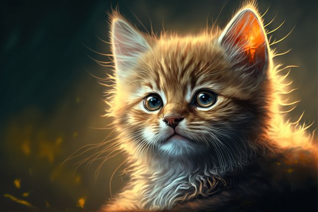 Cute fluffy kitten with big eyes. Captures in warm, soft lighting. Great for pet adoption campaigns, animal-related products, greeting cards, inspiring posters, and social media shares.