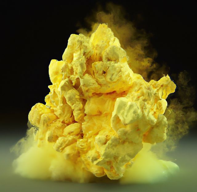 Close-up of a vivid yellow sulfur explosion, creating an energetic and dynamic visual contrast against a dark background. Ideal for use in scientific presentations, chemistry educational materials, mineral illustrations, or dramatic visual background art.