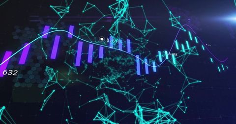 Futuristic 3D Data Visualization with Teal Nodes and Purple Bars