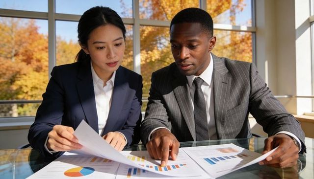Two professionals reviewing financial reports and charts in modern office