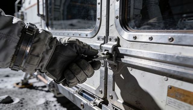 Gloved astronaut hand turning metal latch on riveted lunar module panel, regolith surface
