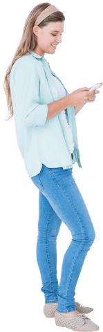 Young woman using smartphone in casual attire transparent background