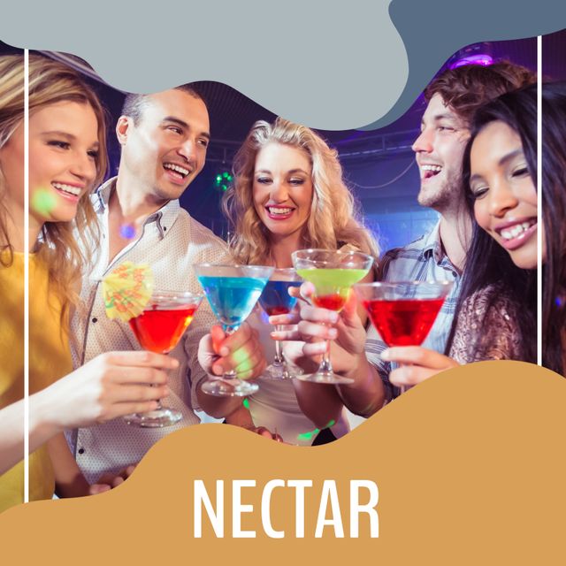 Group of friends enjoying a night out, toasting with vibrant cocktails in a lively nightclub. Perfect for advertising nightlife venues, cocktail bar promotions, or party events campaigns. Ideal for use in social media marketing, event invitations, or lifestyle magazines.