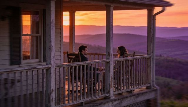 Couple holding hands on weathered farmhouse porch at sunset with rocking chairs and hills