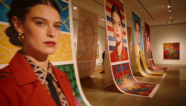 Woman wearing rust coat admiring vibrant textile portrait banners in contemporary museum