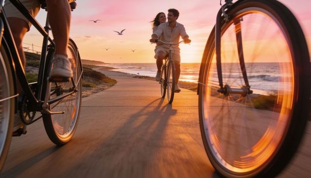 Couple cycling along coastal promenade at sunset sharing hug and smiling in golden hour