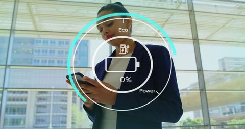 Businesswoman engages with ar eco power interface in office