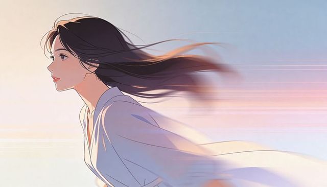 Woman gliding through pastel sunrise wearing flowing robe, profile motion illustration