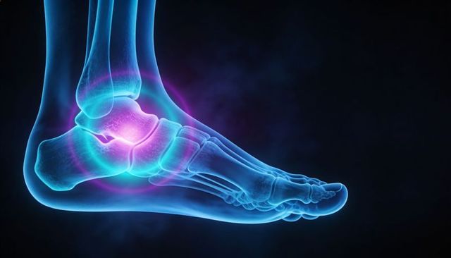 Translucent ankle skeleton highlighting inflamed joint with glowing pain visualization