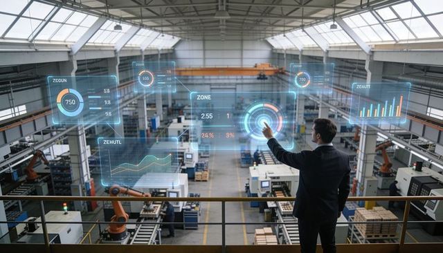 Factory Manager Monitoring Robotic Production with Holographic AR Dashboards for Industry 4.0
