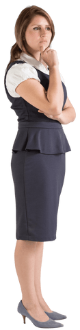Caucasian businesswoman in formal office attire stands thoughtfully on a transparent background. Ideal for presentations, business websites, team member showcases, or corporate promotions, emphasizing professional thinking or decision-making concepts.
