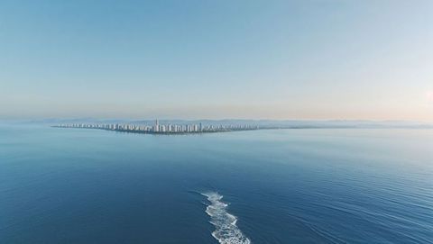 Serene ocean vistas with bay of bengal urban horizon and boat wake