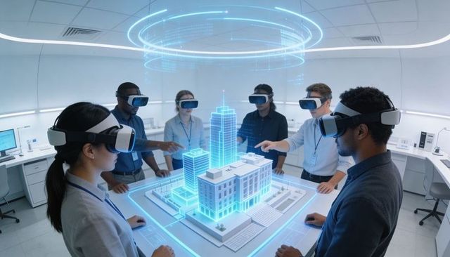 Multidisciplinary team designing holographic city model with vr headsets in high-tech lab