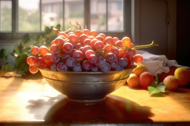 Sunny kitchen scene with a bowl of red grapes on a wooden table, emitting vibrant colors and natural light. Perfect for kitchen decor, food blogs, healthy eating promotions, or interior design inspiration.