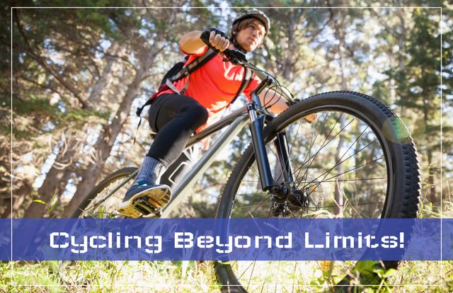 This energetic scene captures a mountain biker navigating through a rugged forest trail, representing perseverance and love for adventure. Ideal for promoting cycling gear, travel adventures, fitness motivation, or outdoor activity campaigns.