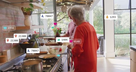 Senior Couple in Kitchen with Social Media Interface Overlay