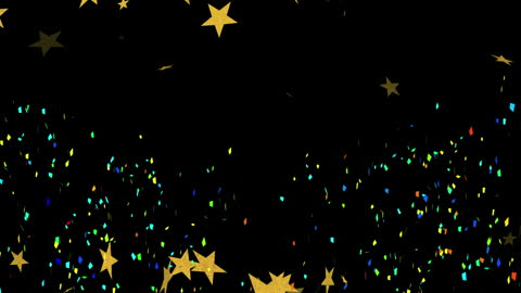 Shimmering Gold Stars and Rainbow Confetti on Black Background Animation