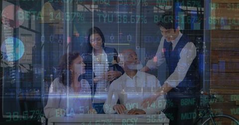 Diverse team meeting with stock market concepts