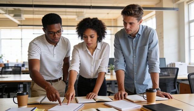 Collaborating team reviewing documents and brainstorming across table in modern office