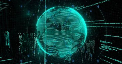 Futuristic Digital Globe Rotating in Cyber Grid with Code Fragments