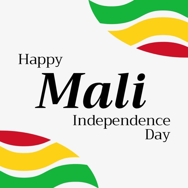 Illustration of happy mali independence day text with green, yellow, red designs on white background. Copy space, vector, patriotism, celebration, freedom and identity concept.
