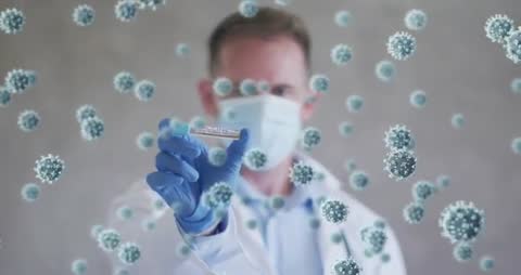 Doctor presenting vaccine vial through floating virus overlay in clinical lab demonstration