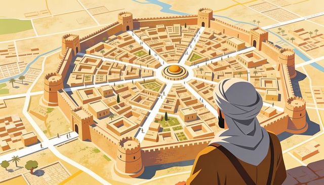Turbaned figure overlooking walled circular desert city with radial streets and dome plaza