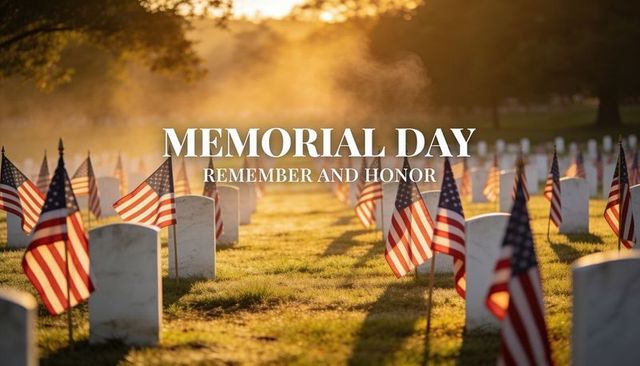 Memorial day tribute honoring fallen soldiers in sunlit national cemetery with flags