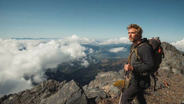 Hiker standing on alpine ridge overlooking sea of clouds with backpack and trekking poles