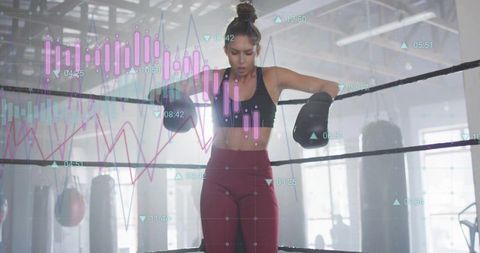 Tired Female Boxer Resting in Ring with Data Overlay