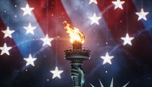Statue of liberty torch holding flaming flame over dramatic stars and stripes backdrop