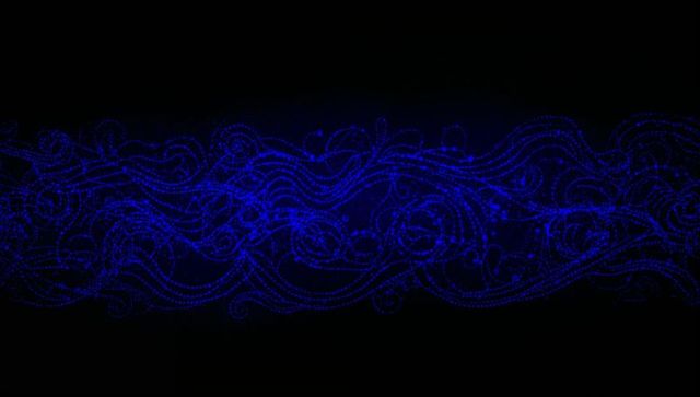 Luminous blue particle ribbon flowing and spiraling across dark void