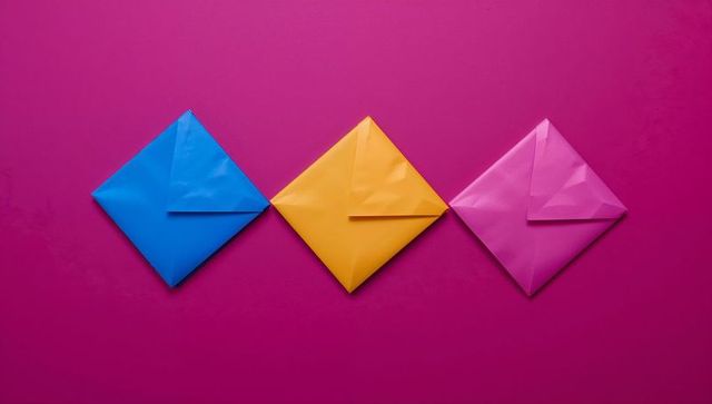 Vibrant envelopes in blue yellow pink on magenta background