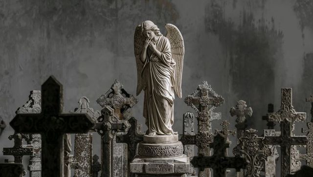 Weeping angel statue standing among weathered celtic crosses and victorian stone memorials