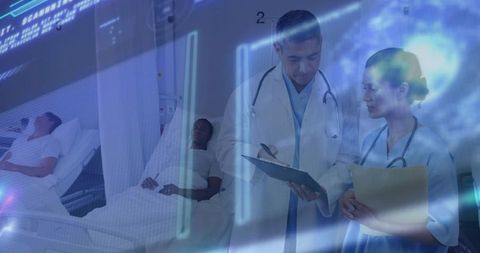 Advanced Healthcare Professionals Analyzing Holographic Data in Modern Hospital