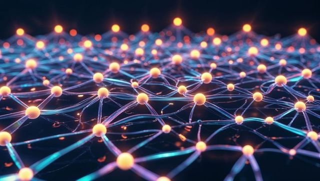 Futuristic Network of Glowing Orange Spheres and Tubes