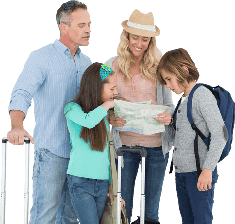 Happy family traveling with luggage and transparent map
