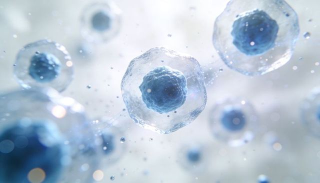 Floating single spherical cell with blue nucleus in microscopic science background