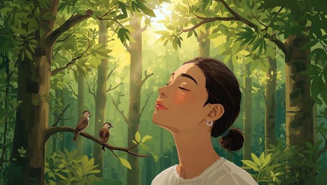 Young woman tilting face to sunbeams in lush forest with two birds on branch