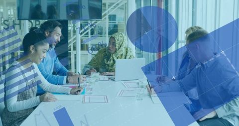 Digital Brainstorming with Multiracial Team and Infographic Overlay