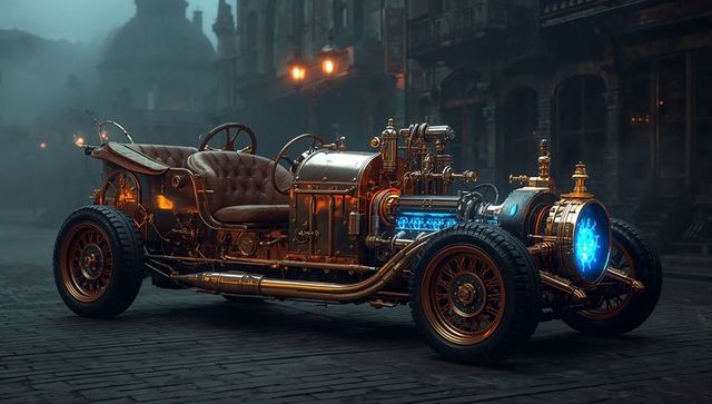 Vintage Steampunk Car Glowing in Misty Cobblestone Street Lights