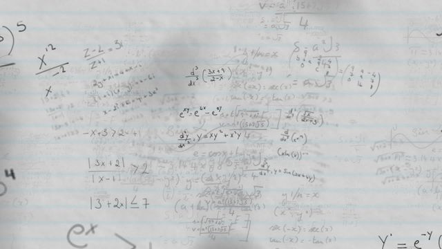 Dynamic outline of mathematical equations displayed over white lab sheet. Techniques suggest visualization in academic research or learning resource, useful in educational content, science documentaries, presentations about data processing, or interactive learning materials.