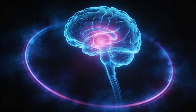 Holographic brain with neon halo visualizing neural activity, brainstem and spinal cord