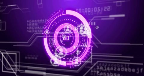Neon Purple Cybersecurity HUD Circles with Padlock and User Avatars for Access Control