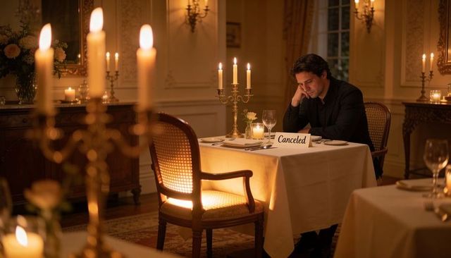 Man waiting at candlelit table with canceled reservation card in upscale dining room