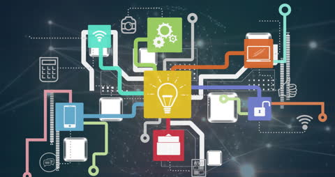 Network of Connected Icons Representing Digital Data Flow