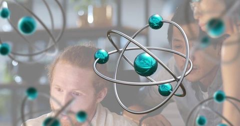 3d atom model overlay with team collaborating at desk, scientific research and innovation